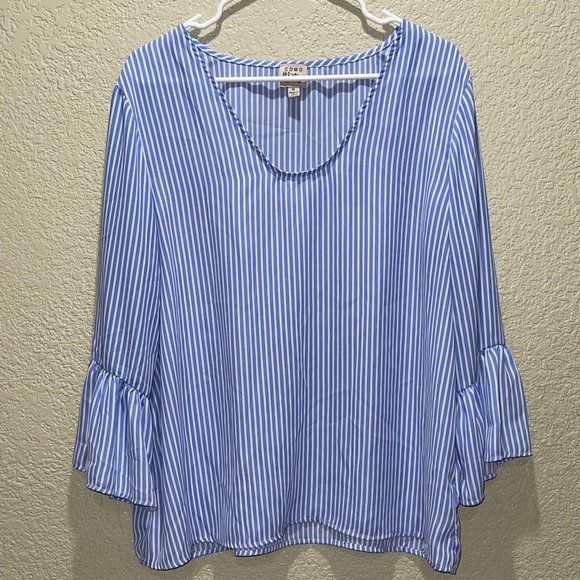 Como Vintage Tops - Como Vintage Striped Blouse with Ruffle Sleeves
